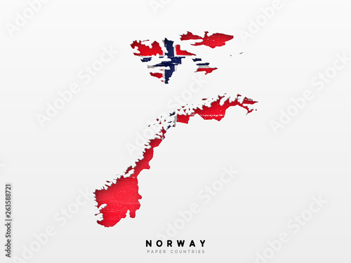 Norway detailed map with flag of country. Painted in watercolor paint colors in the national flag