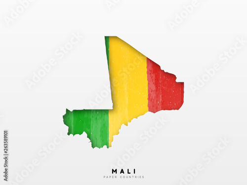 Mali detailed map with flag of country. Painted in watercolor paint colors in the national flag