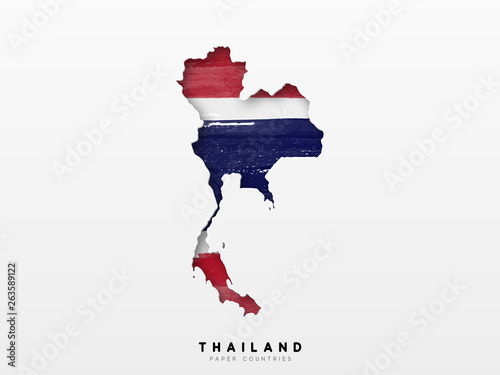 Thailand detailed map with flag of country. Painted in watercolor paint colors in the national flag