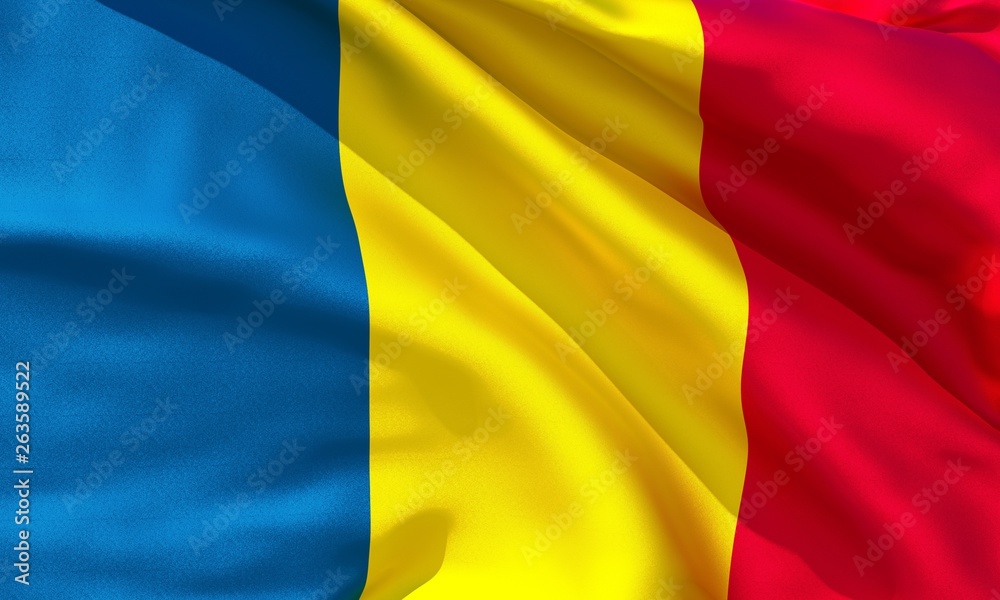Realistic silk material Romania waving flag, high quality detailed fabric texture. 3d illustration Realistic silk material Romania waving flag, high quality detailed fabric texture. 3d illustration