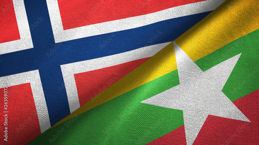 Norway and Myanmar two flags textile cloth, fabric texture Norway and Myanmar two flags textile cloth, fabric texture