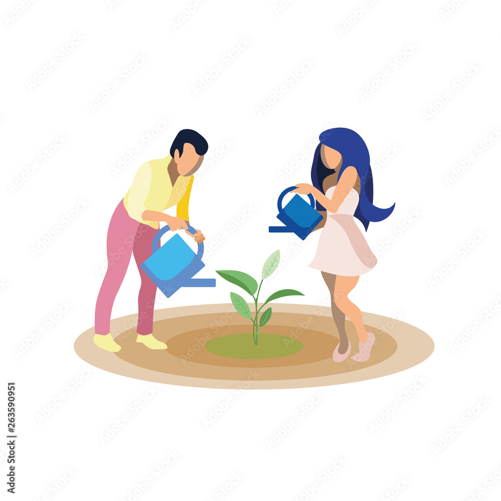 Couple Growing Plant Flat Vector Illustration