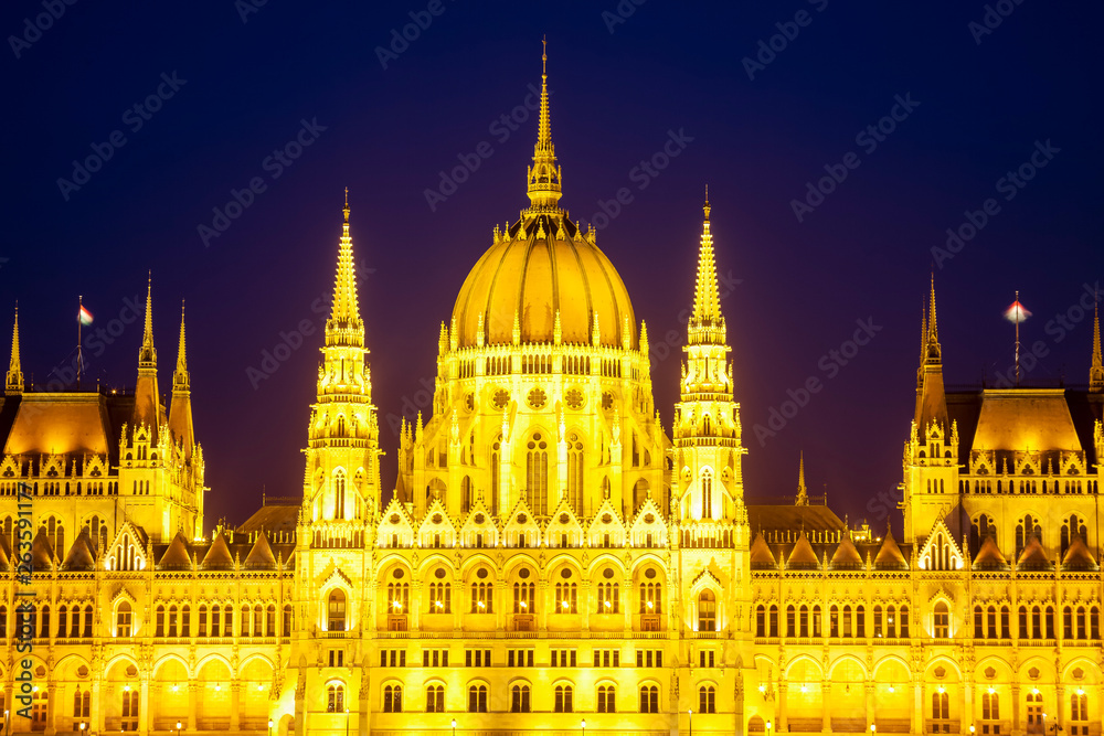 Budapest's iconic Parliament building illuminated at twilight