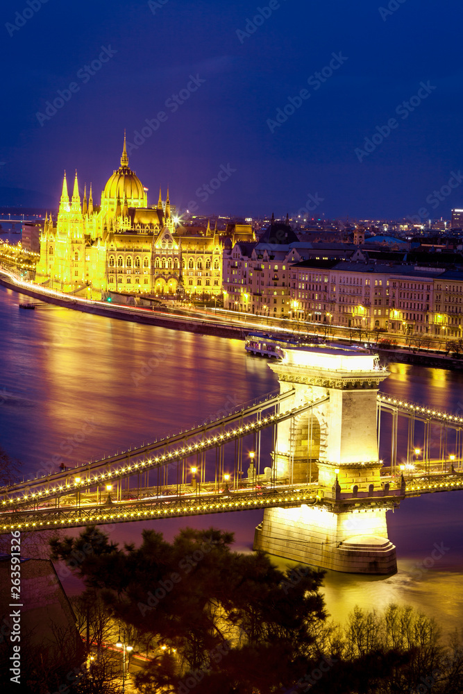 Budapest's Parliament and Chain Bridge Illuminated at Twilight