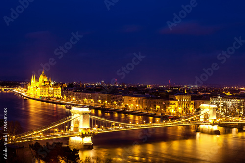 Budapest's Parliament and Chain Bridge Illuminated at Twilight © Andrew S.