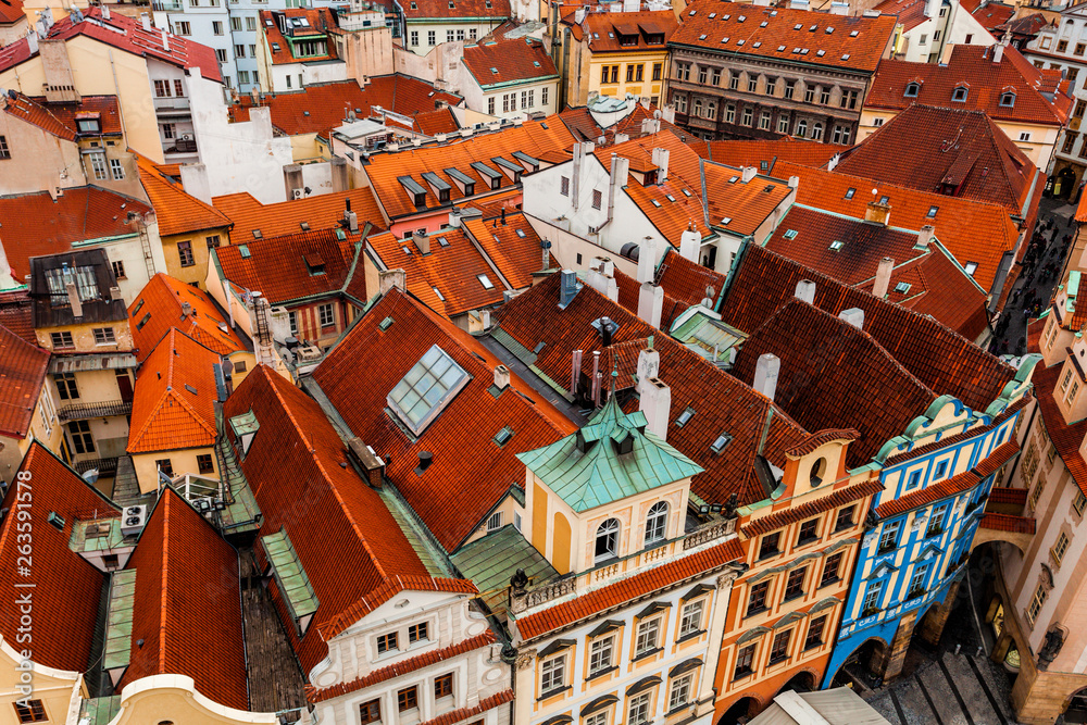 Aerial view overlooking a streeet in Prague Aerial view overlooking a streeet in Prague