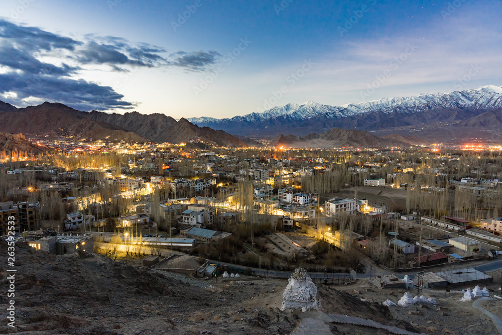 Aerial View of Cityscape Leh city or downtown with mountain background from Santi stupa at Leh Ladakh, Jammu and Kashmir, India