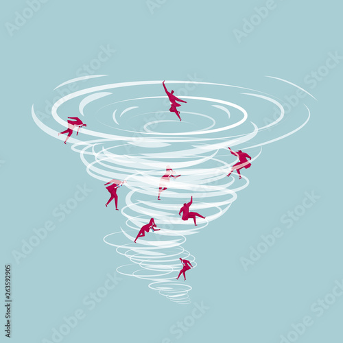 A group of people were trapped in a tornado. Isolated on blue background.