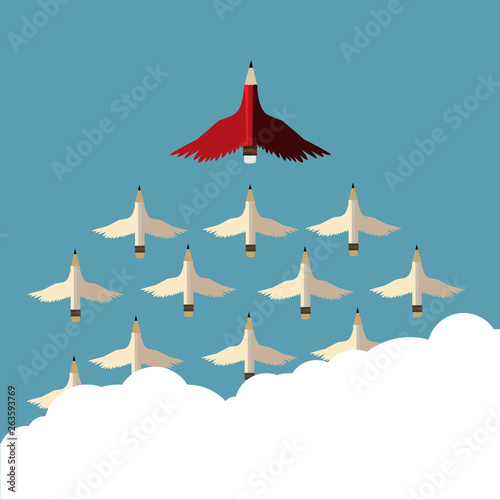 Red pencil and follower with wing flying to sky