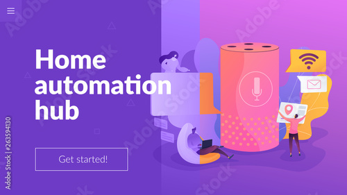 Smart office controller and voice commands, voice controlled office digital devices and Iot concept. Website homepage interface UI template. Landing web page with infographic concept hero header image