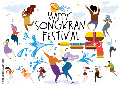 Songkran festival concept, people dancing and playing water ,the Songkran party of Thailand Design for banner and over use