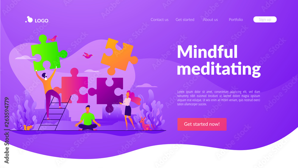 Mindful meditating, mental calmness and self-consciousness, focusing and releasing stress concept. Website homepage interface UI template. Landing web page with infographic concept hero header image. Mindful meditating, mental calmness and self-consciousness, focusing and releasing stress concept. Website homepage interface UI template. Landing web page with infographic concept hero header image.