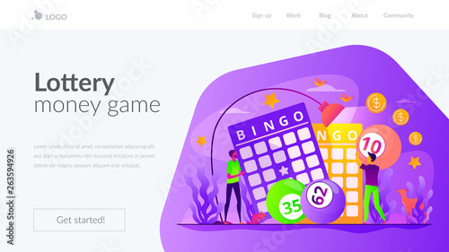 Lottery money game, lucky raffle ticket, bingo game and game of chance jackpot concept. Website homepage interface UI template. Landing web page with infographic concept hero header image.