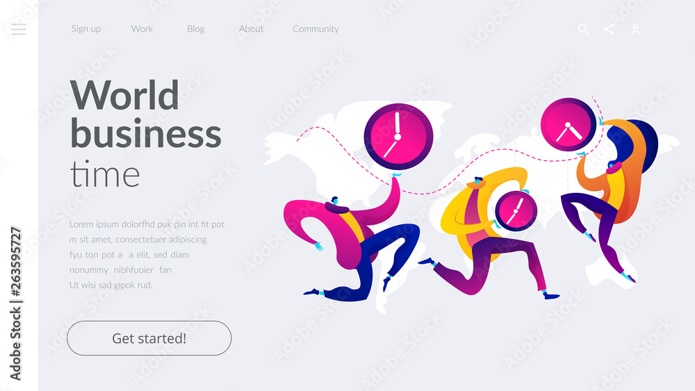 Time zones, international time, world business time concept. Website homepage interface UI template. Landing web page with infographic concept hero header image.