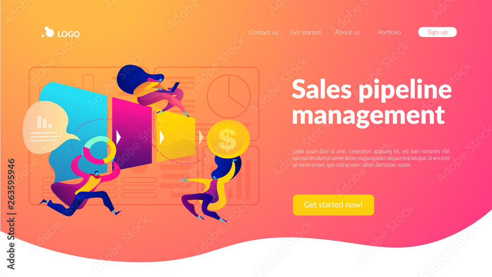 Sales pipeline management, representation of sales prospects lifecycle concept. Website homepage interface UI template. Landing web page with infographic concept hero header image.