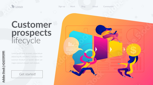 Sales pipeline management, representation of sales prospects lifecycle concept. Website homepage interface UI template. Landing web page with infographic concept hero header image.