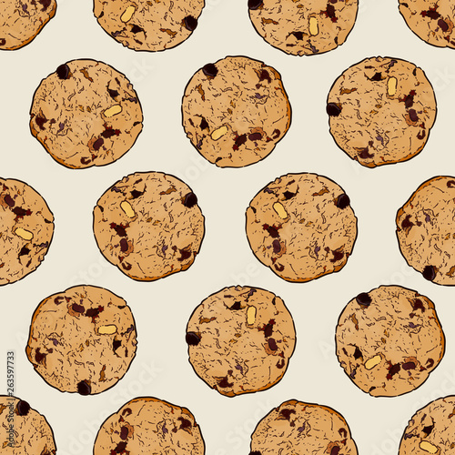 Chocolate chip cookie, Seamless pattern vector.