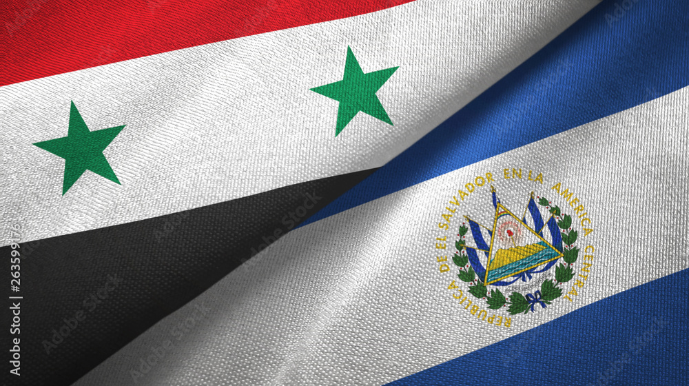 Syria and El Salvador two flags textile cloth, fabric texture Syria and El Salvador two flags textile cloth, fabric texture