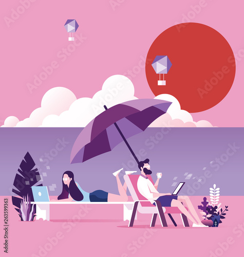Business people working with laptop on the beach