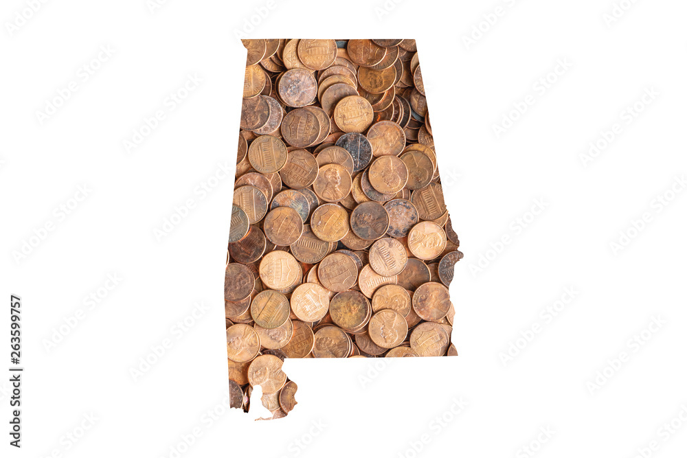 Alabama State Map and Money Concept, Piles of Coins, Pennies Alabama State Map and Money Concept, Piles of Coins, Pennies