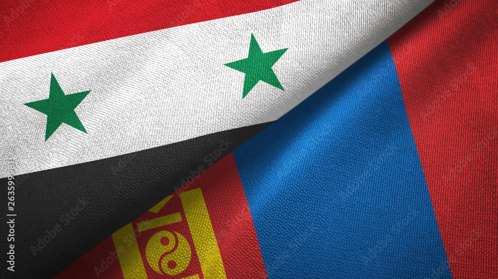 Syria and Mongolia two flags textile cloth, fabric texture Syria and Mongolia two flags textile cloth, fabric texture