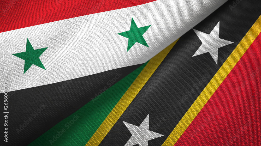 Syria and Saint Kitts and Nevis two flags textile cloth, fabric texture Syria and Saint Kitts and Nevis two flags textile cloth, fabric texture