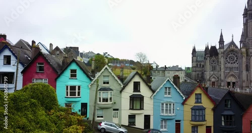 Picturesque colourful Irish Houses with drone down photo