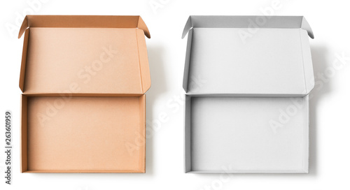 Open cardboard boxes top view isolated with no shadows clipping path included