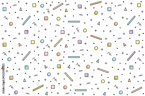 Abstract random colorful geometric shapes seamless pattern. Contour shapes with sour cream fill in random order, complemented by lines, dots and squares. Vector texture, eps 8 background