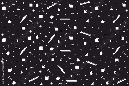 Abstract random geometric shapes seamless background. Contour shapes with sour cream fill in random order, complemented by lines, dots and squares. Vector texture, eps 8 background