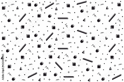 Abstract random geometric shapes seamless background. Contour shapes with sour cream fill in random order, complemented by lines, dots and squares. Vector texture, eps 8 background