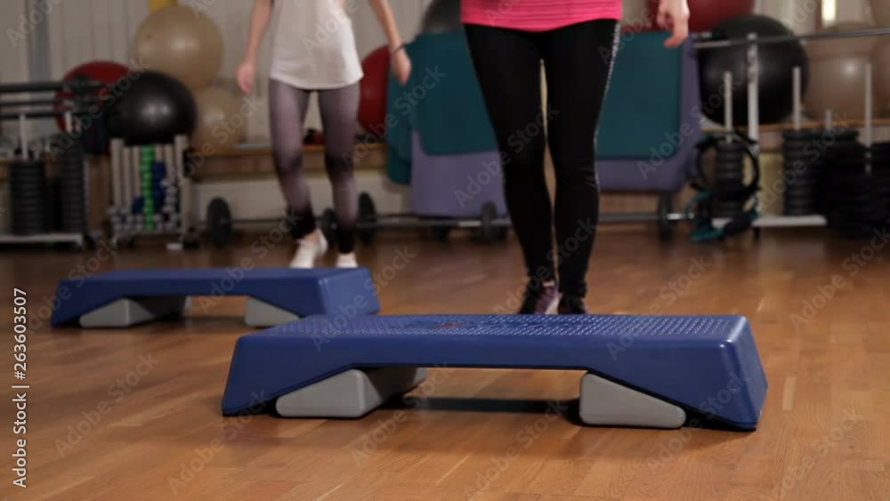 Athletic woman trainer doing aerobic class with steppers to people group on a fitness center. Sport and health concept Athletic woman trainer doing aerobic class with steppers to people group on a fitness center. Sport and health concept