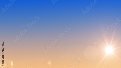 Sunset 3D illustration. Sun shines red in the evening sky with lens flares. Bright natural background. © Eduard Muzhevskyi