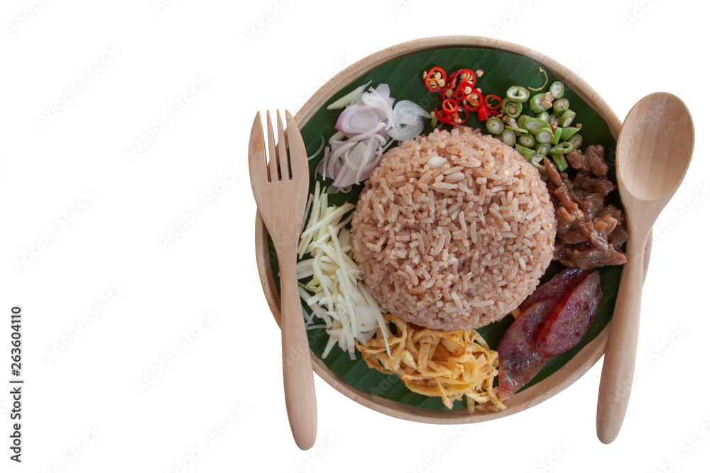 Rice mixed with shrimp paste Thai people call Kao Cluk Ka Pi isolated on white background included clipping path. - obrazy, fototapety, plakaty 