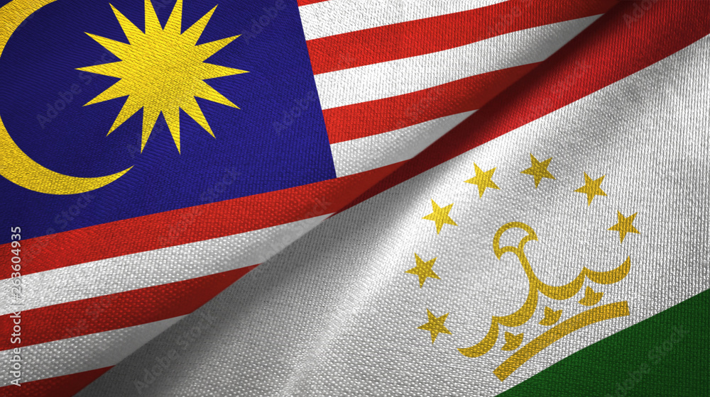 Fototapeta premium Malaysia and Tajikistan two flags textile cloth, fabric texture