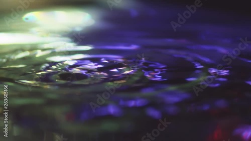 Shallow Depth of Field Close Up of Dripping Drops on Water Surface With Blue and Green Backlight Slowmotion 01 photo