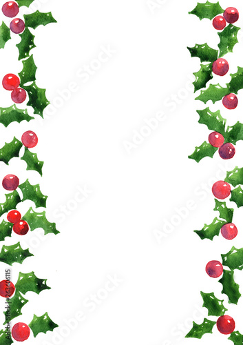 Holly leaves and red berries frame watercolor hand painting for decoration on Christmas holiday and winter events.