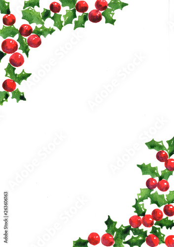 Holly leaves and red berries frame watercolor hand painting for decoration on Christmas holiday and winter events.