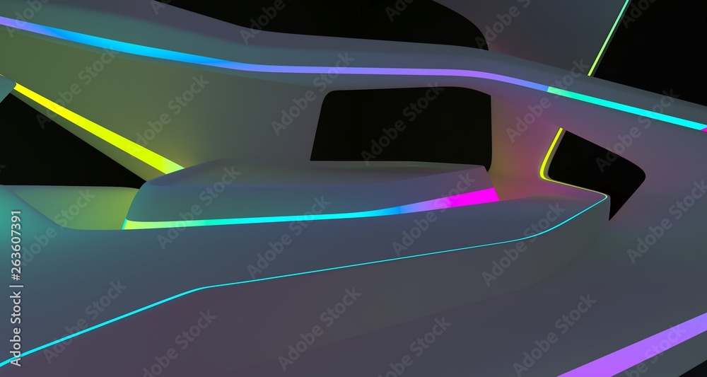 Abstract  white Futuristic Sci-Fi Smooth interior With Gradient Glowing Neon Tubes . 3D illustration and rendering.
