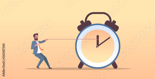 businessman pulling clock arrow deadline time management concept business man in suit pushing back hour hand horizontal flat male character full length