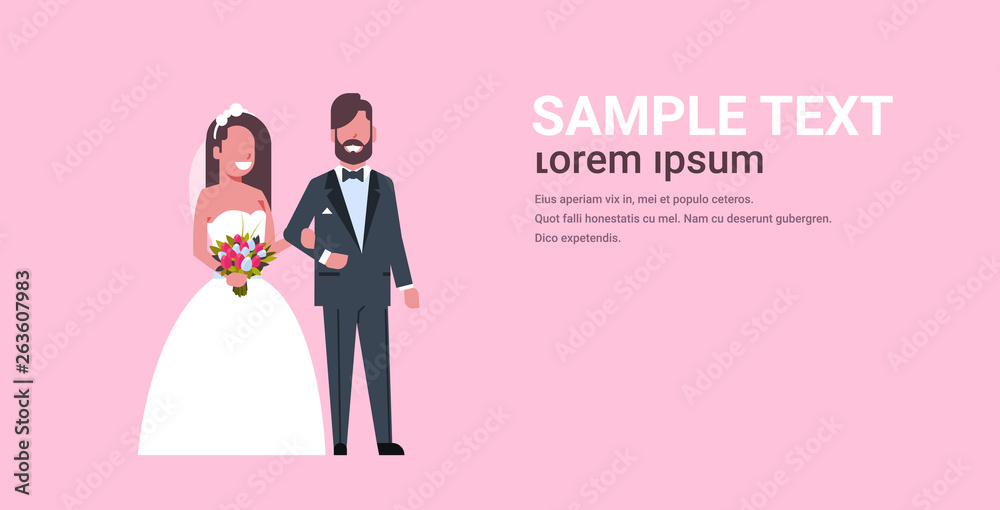 Obraz premium newlyweds just married man woman standing together romantic couple bride and groom in love wedding day concept pink background copy space full length horizontal flat