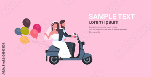 just married man woman riding motor scooter with colorful balloons romantic couple bride and groom having fun wedding day concept pink background copy space full length horizontal flat
