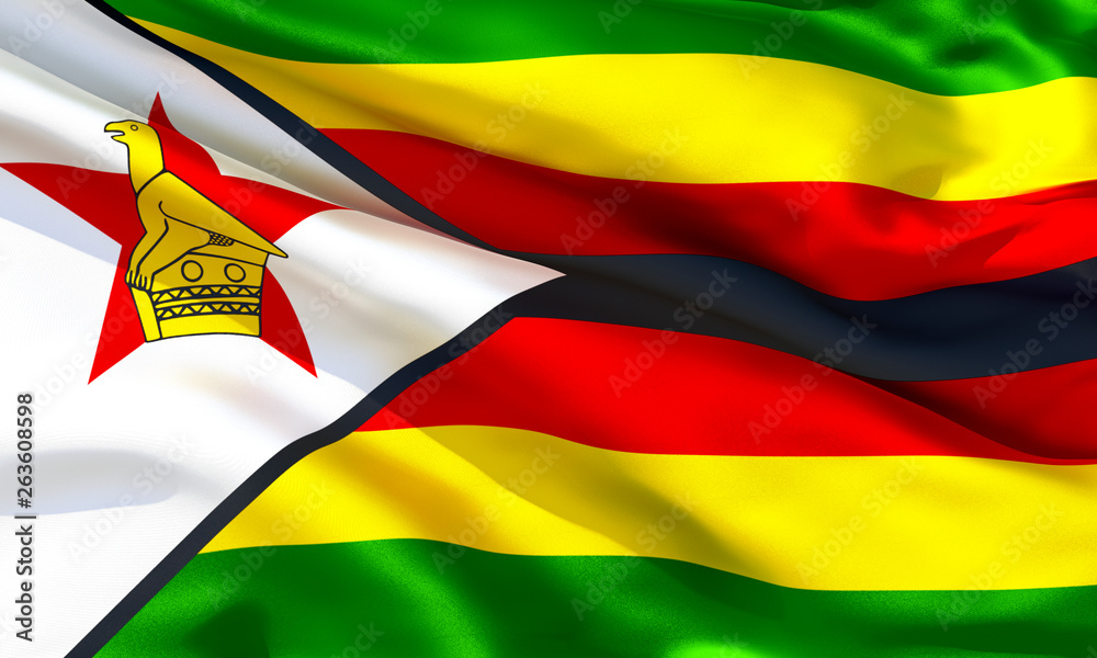 Realistic silk material Zimbabwe waving flag, high quality detailed fabric texture. 3d illustration