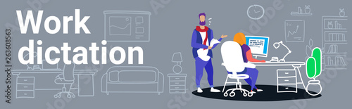 businesspeople working at office man dictating information from paper documents to woman assistant writing text on computer monitor work dictation concept sketch doodle horizontal banner
