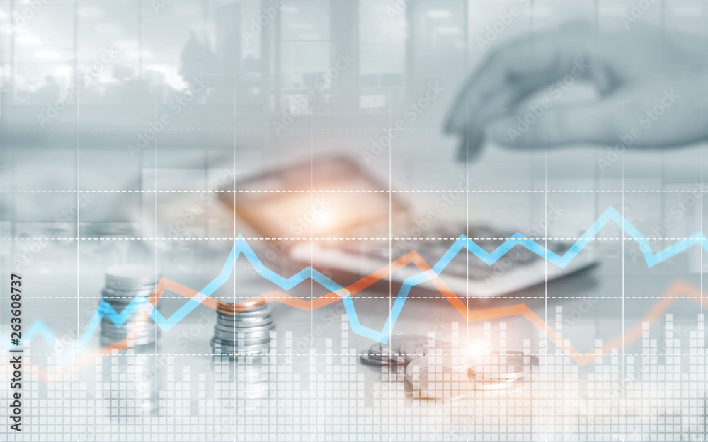 Double exposure of city and rows of coins with stock and financial graph on virtual screen. Business Investment concept. Double exposure of city and rows of coins with stock and financial graph on virtual screen. Business Investment concept.