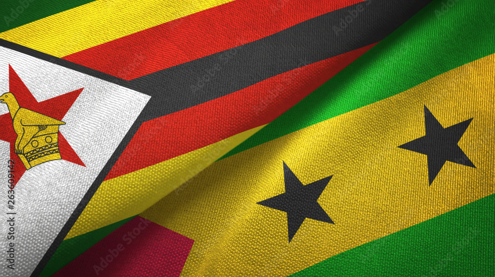 Fototapeta premium Zimbabwe and Sao Tome and Principe two flags textile cloth, fabric texture