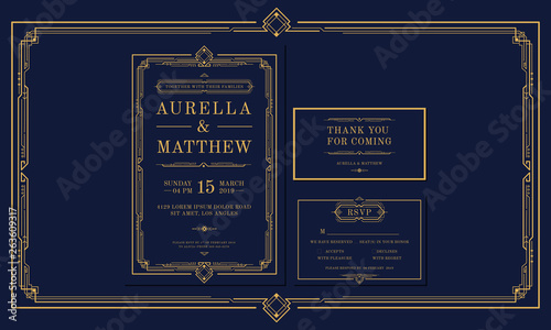 Classic Navy Premium Vintage Style Art Deco Engagement / Wedding Invitation with gold color with frame. Include Thank you Tags and RSVP. Vector Illustration - Vector