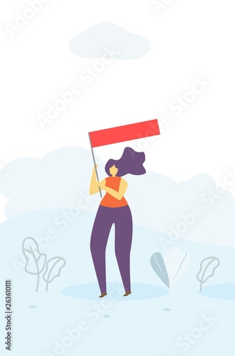 Agitating Woman with Flag Motivation Flat Banner