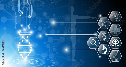 abstract background technology concept in blue light,brain and human body heal ,technology modern medical science in future and global international medical with tests analysis clone DNA human