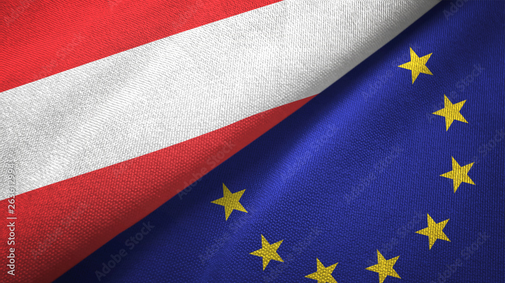Austria and European Union two flags textile cloth, fabric texture